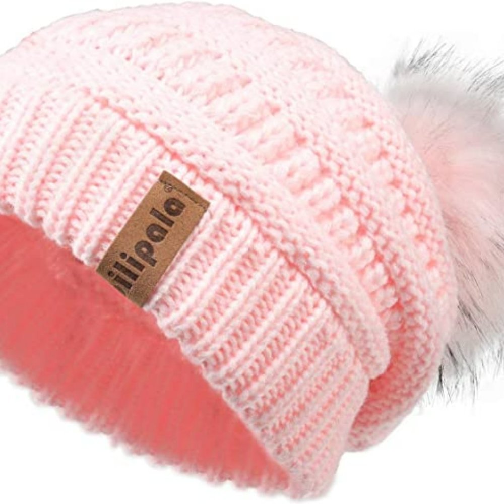 Pilipala Womens Knit Slouchy Beanie Hat with Fur Pom Bobble Hat NWT